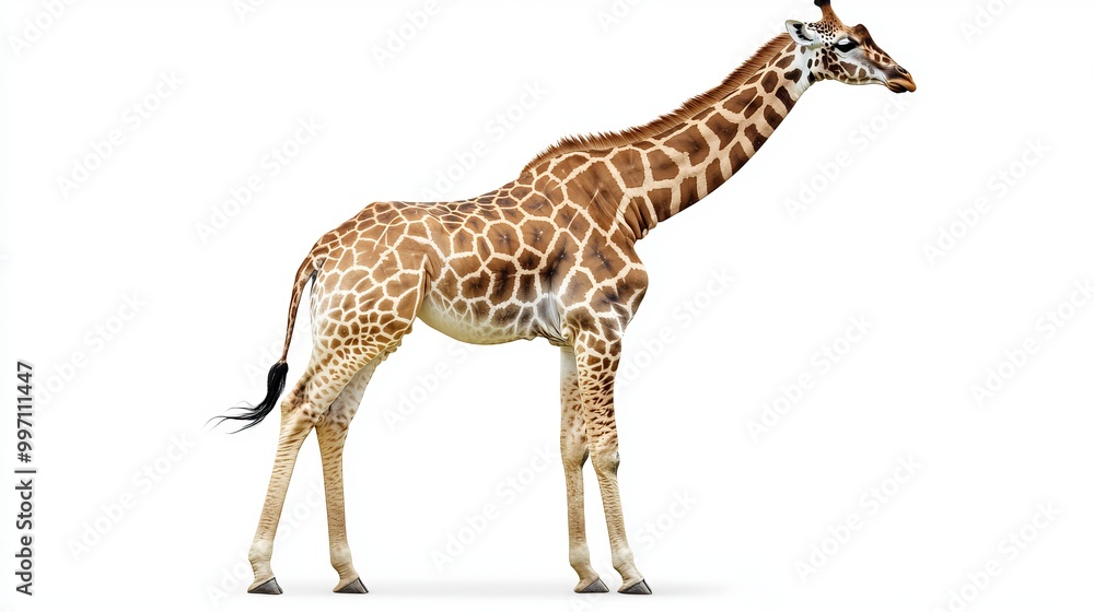 Fototapeta premium Here is a picture of a giraffe. It's standing by itself on a pure white backdrop. The image shows the giraffe from the side.