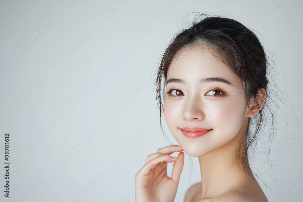 A beautiful Asian woman with a happy smile, touching her clean, fresh skin on a white background A beautiful Asian woman with a happy smile, touching her clean, fresh skin on a white background