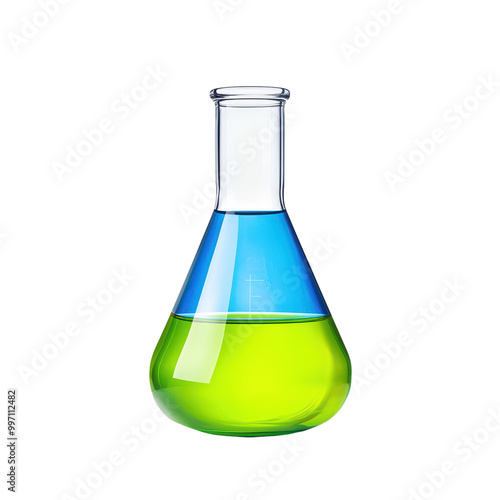 Chemical flask with green and blue liquid isolated on transparent background.