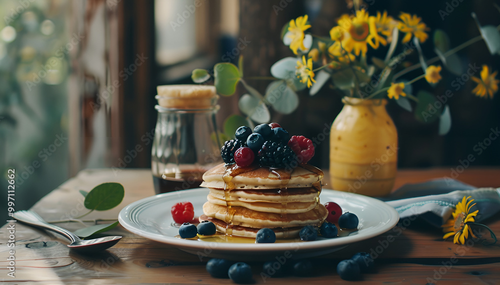 Juicy pancakes with berries and honey on a white plate, spoon, jar, wooden table, yellow vase with eucalyptus Juicy pancakes with berries and honey on a white plate, spoon, jar, wooden table, yellow vase with eucalyptus
