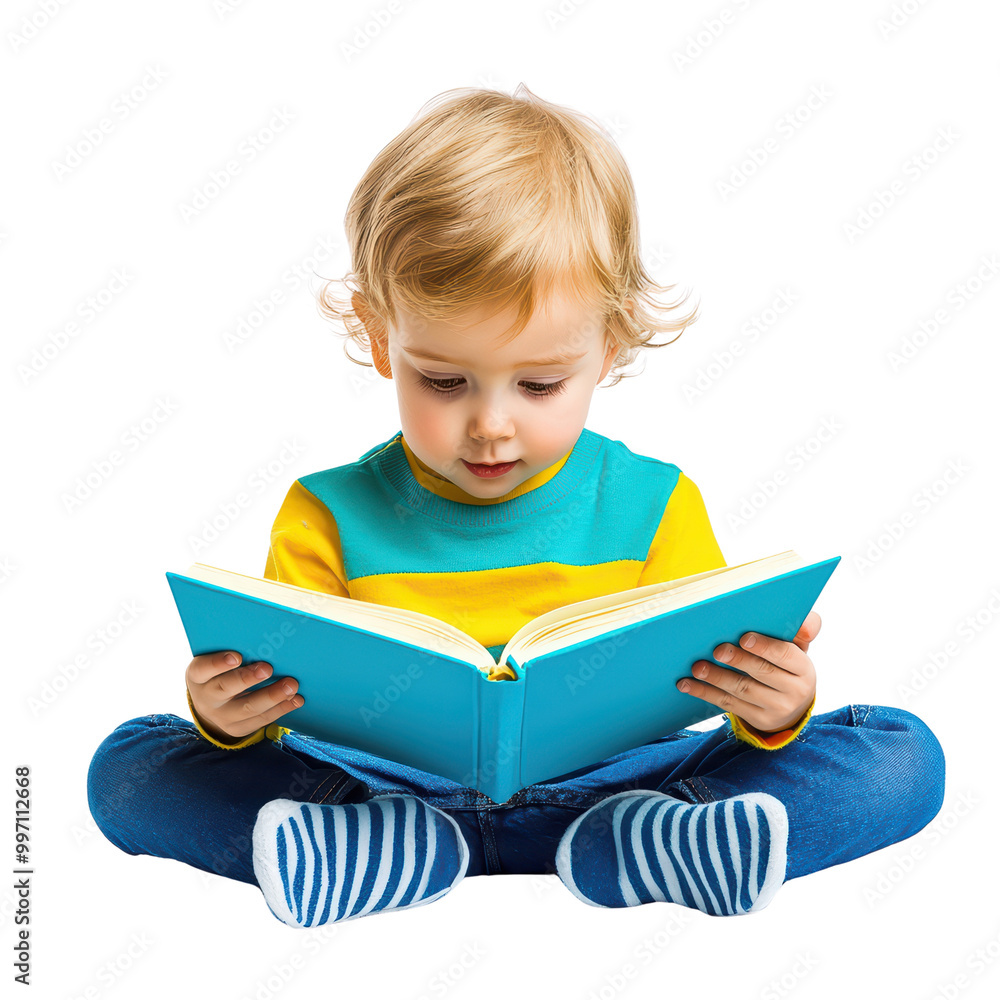 Child reading a book isolated on transparent background. Child reading a book isolated on transparent background.