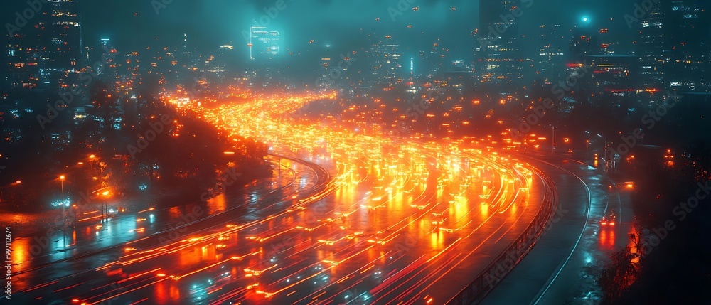 Futuristic Cityscape at Night with Glowing Lights and Traffic Futuristic Cityscape at Night with Glowing Lights and Traffic