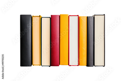 Colorful books arranged neatly isolated on transparent background.