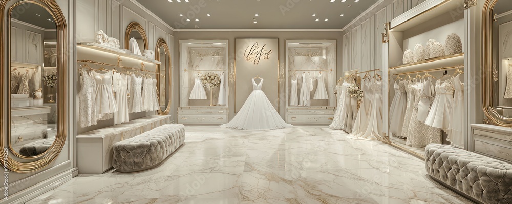 An elegant bridal salon with marble floors, gold mirrors, and plush velvet seating A luxurious space for brides to try on and select their perfect wedding attire An elegant bridal salon with marble floors, gold mirrors, and plush velvet seating A luxurious space for brides to try on and select their perfect wedding attire