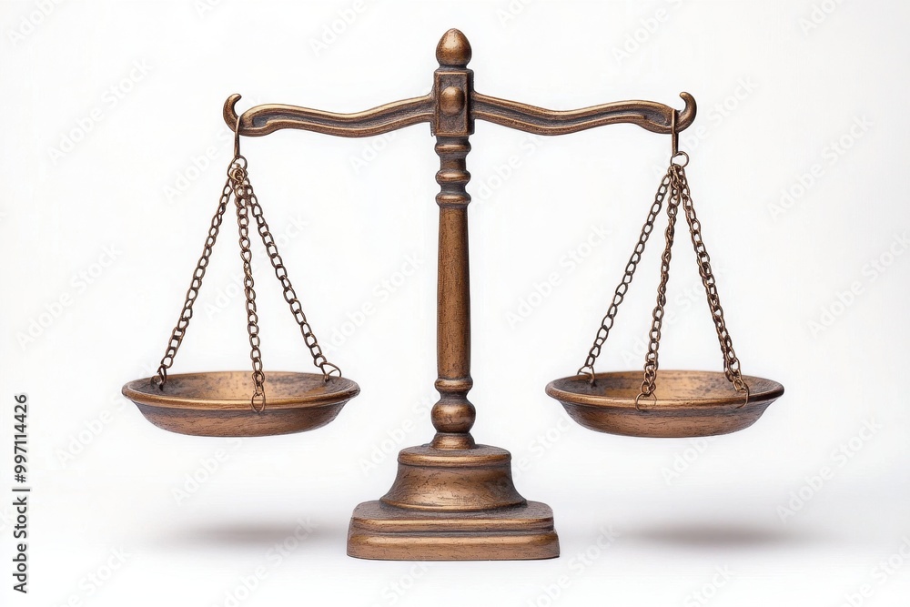 A classic wooden balance scale with intricate details, symbolizing justice and fairness, isolated on a white background A classic wooden balance scale with intricate details, symbolizing justice and fairness, isolated on a white background