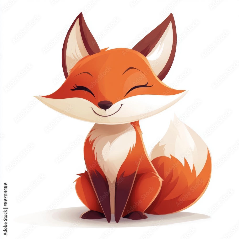 Obraz premium Adorable illustration of a cartoon fox with a smiling expression, sitting upright with a fluffy tail and bright fur, conveying a cheerful and friendly demeanor.