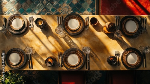 Top view of an empty South Asian restaurant table setting, with space for text or copy around photo