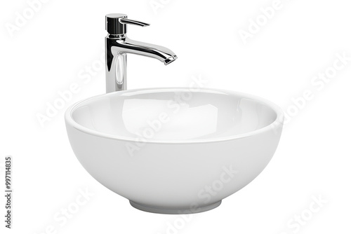 Elegant white ceramic sink with chrome faucet isolated on transparent background.