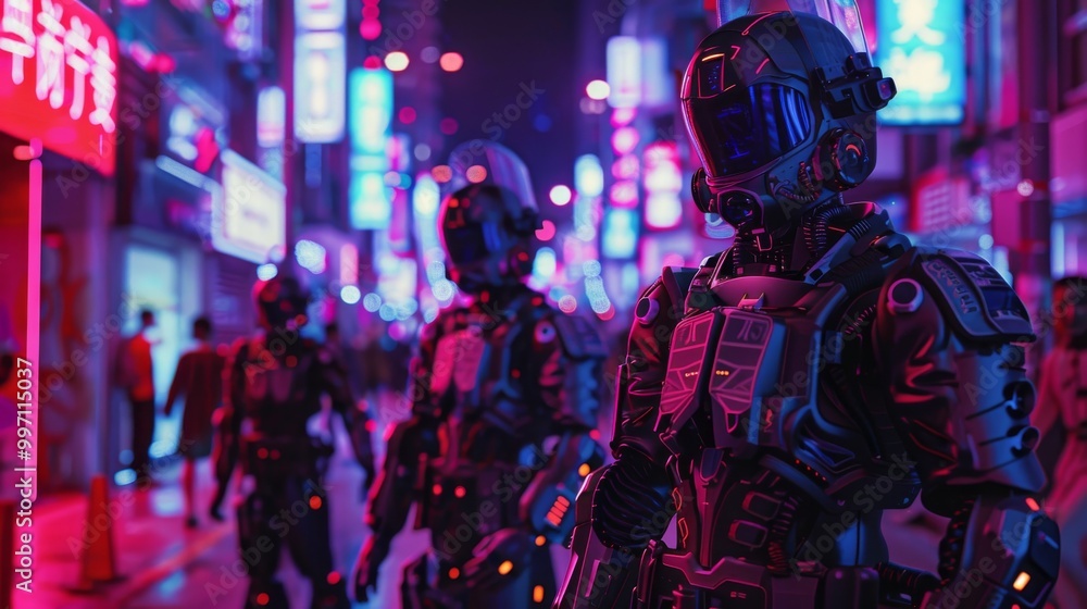 Fototapeta premium Advanced cyborg in a cyberpunk cityscape