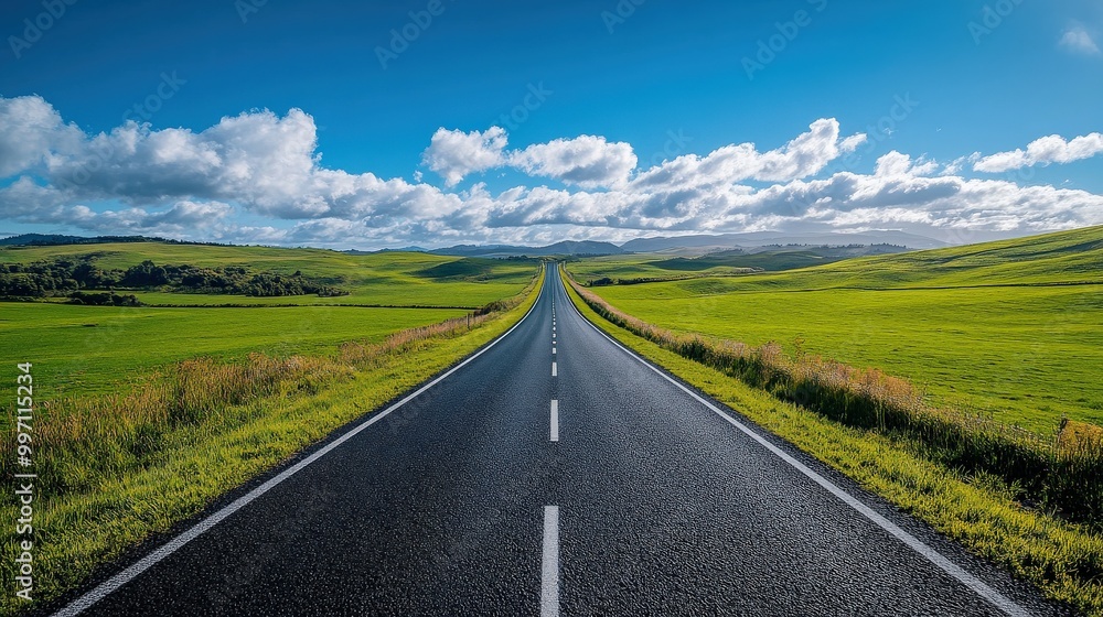 Wide open road leading into the horizon with clear blue sky and white clouds Wide open road leading into the horizon with clear blue sky and white clouds