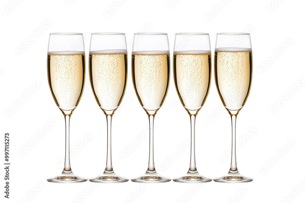 Five champagne glasses with bubbly drink isolated on transparent background. Five champagne glasses with bubbly drink isolated on transparent background.