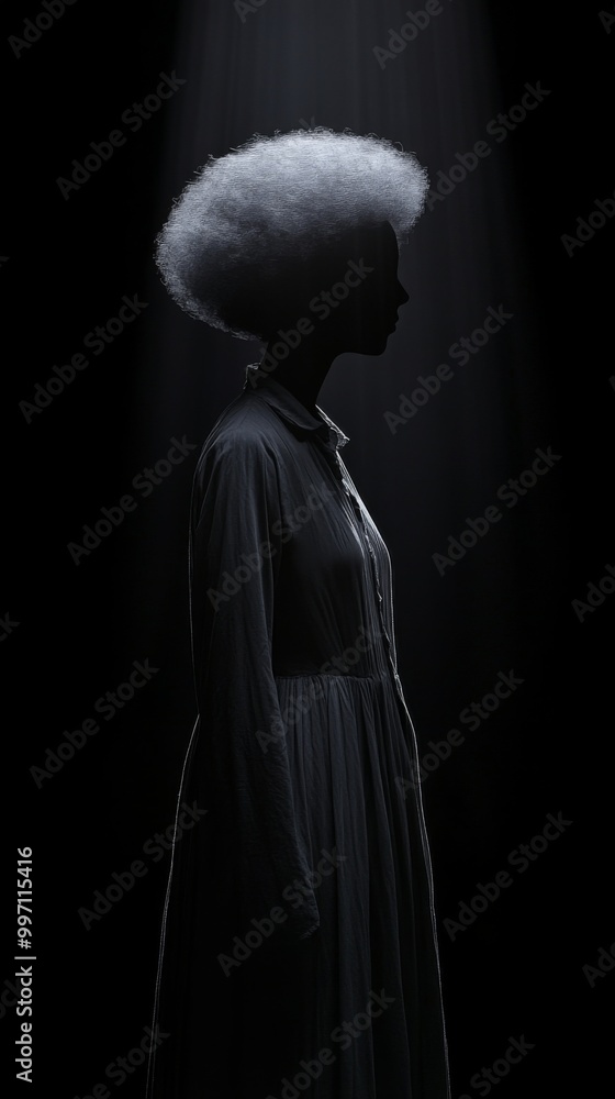 A side profile of a person with a voluminous afro hairstyle, wearing a long dress, bathed in a soft spotlight against a dark background, creating a moody atmosphere. A side profile of a person with a voluminous afro hairstyle, wearing a long dress, bathed in a soft spotlight against a dark background, creating a moody atmosphere.
