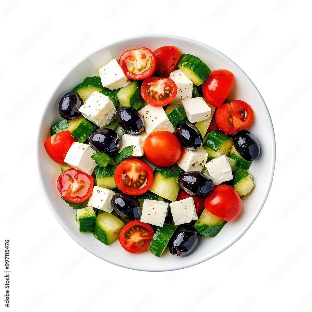 Fresh salad with cucumbers, tomatoes, olives, and feta cheese isolated on transparent background. Fresh salad with cucumbers, tomatoes, olives, and feta cheese isolated on transparent background.
