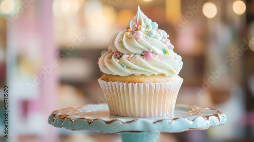 A delicious vanilla cupcake topped with smooth, creamy frosting and adorned with vibrant, colorful sprinkles, presented on an elegant, ornate stand in a cozy café setting. photo