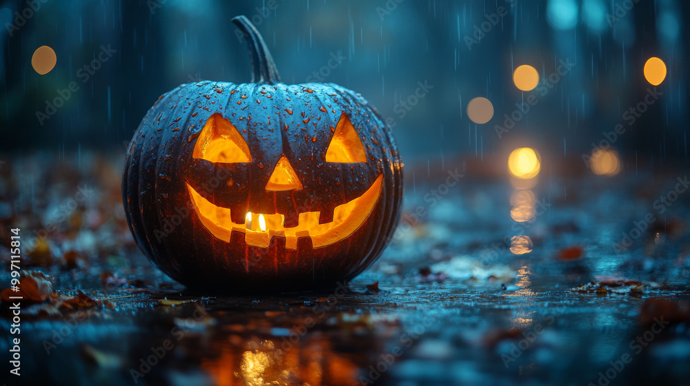 A glowing jack-o'-lantern sits on a rainy night.