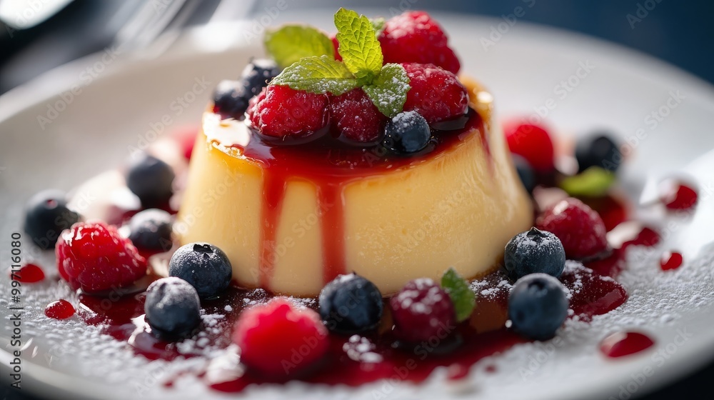 A beautifully crafted dessert features layers of creamy custard adorned with vibrant fresh berries and a luscious berry sauce. This enticing dish is presented on an elegant plate A beautifully crafted dessert features layers of creamy custard adorned with vibrant fresh berries and a luscious berry sauce. This enticing dish is presented on an elegant plate