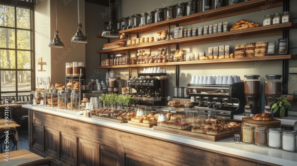 A beautifully designed café interior featuring an array of freshly baked pastries neatly arranged on the counter, inviting customers to savor the delicious treats. A beautifully designed café interior featuring an array of freshly baked pastries neatly arranged on the counter, inviting customers to savor the delicious treats.