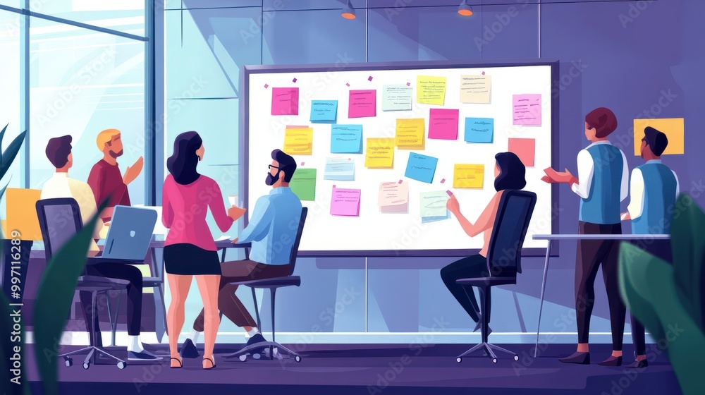A team in a scrum meeting uses Post-it notes on a wall during discussions. illustration images A team in a scrum meeting uses Post-it notes on a wall during discussions. illustration images