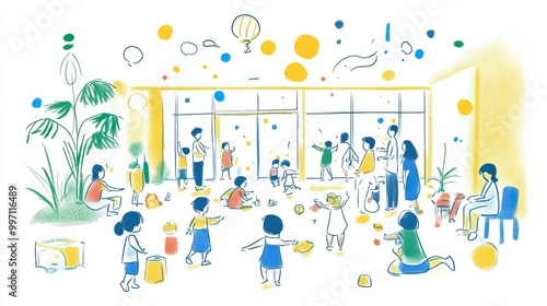 Children playing in a daycare center kindergarten. AI generated image