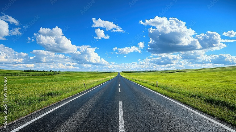 Wide open road leading into the horizon with clear blue sky and white clouds Wide open road leading into the horizon with clear blue sky and white clouds