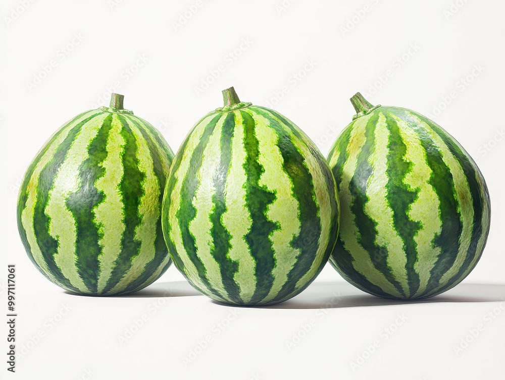 Three watermelons standing side by side on a plain background. Three watermelons standing side by side on a plain background.