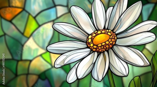 A beautifully crafted stained glass window featuring a prominent white daisy with a golden yellow center, surrounded by vibrant green and blue hues, embodying artistic elegance. photo