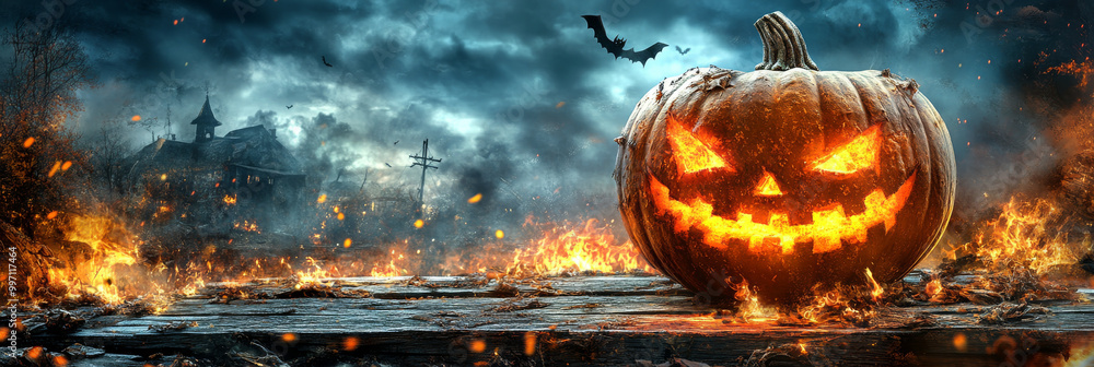A glowing jack-o'-lantern sits in front of a burning house. A glowing jack-o'-lantern sits in front of a burning house.