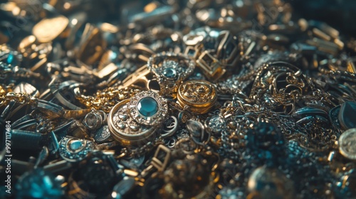 Wallpaper Mural A mesmerizing collection of glistening golden jewelry items, including necklaces, rings, and watches, creating a visually intricate and luxurious display. Torontodigital.ca