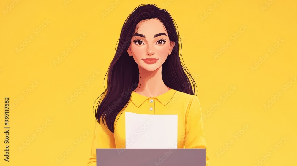 Cartoon of a woman voting confident on a yellow background. Cartoon of a woman voting confident on a yellow background.