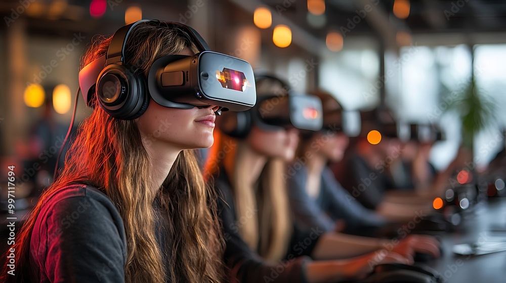 Obraz premium Immersive Virtual Reality Experience: Group of People Wearing VR Headsets