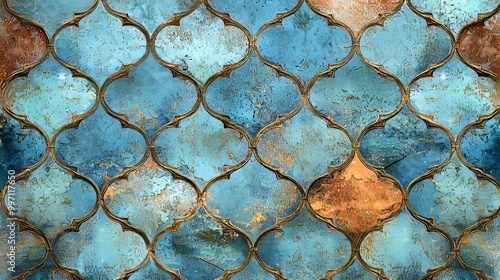 A striking design is created by blue and gold patterned tiles. photo