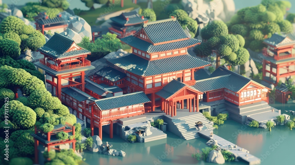 A traditional Japanese temple rendered in 3D isometric view, showcasing serene architectural details and a peaceful atmosphere. A traditional Japanese temple rendered in 3D isometric view, showcasing serene architectural details and a peaceful atmosphere.