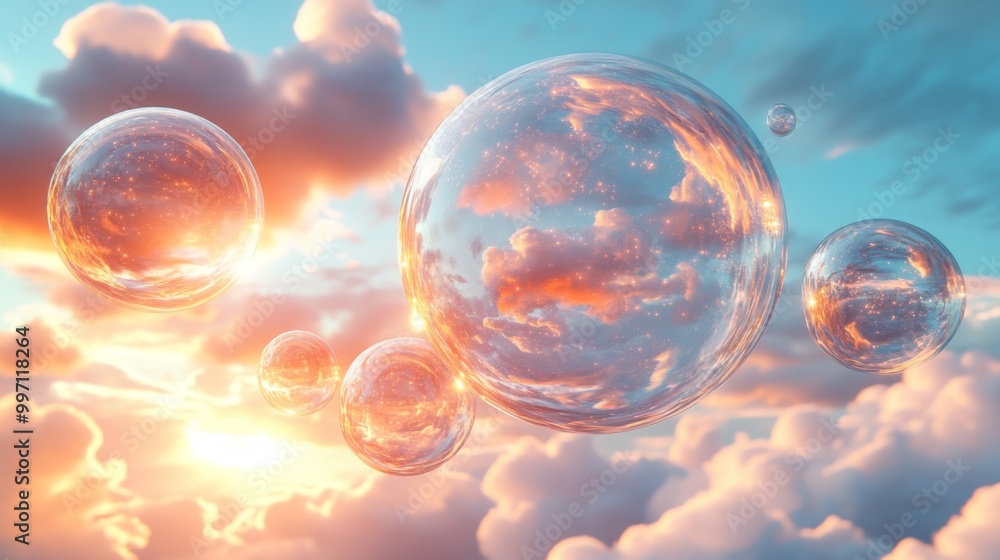 This image features large, reflective bubbles floating against a vibrant and colorful sky filled with beautifully lit cloud formations, creating a dreamy and surreal atmosphere. This image features large, reflective bubbles floating against a vibrant and colorful sky filled with beautifully lit cloud formations, creating a dreamy and surreal atmosphere.