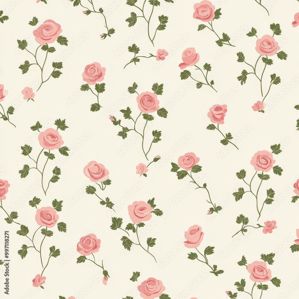 A minimalist flat design pattern featuring small roses in soft pink hues, evenly spaced on a light beige background, creating a vintage floral theme. A minimalist flat design pattern featuring small roses in soft pink hues, evenly spaced on a light beige background, creating a vintage floral theme.