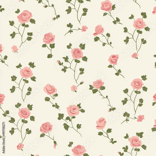 A minimalist flat design pattern featuring small roses in soft pink hues, evenly spaced on a light beige background, creating a vintage floral theme.