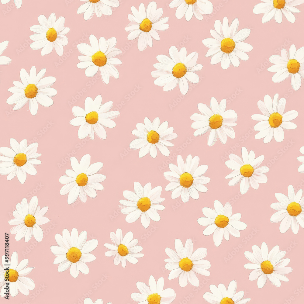 Small flat daisy flowers in white with yellow centers, repeated evenly on a soft pink background, creating a cute and playful floral pattern. Small flat daisy flowers in white with yellow centers, repeated evenly on a soft pink background, creating a cute and playful floral pattern.