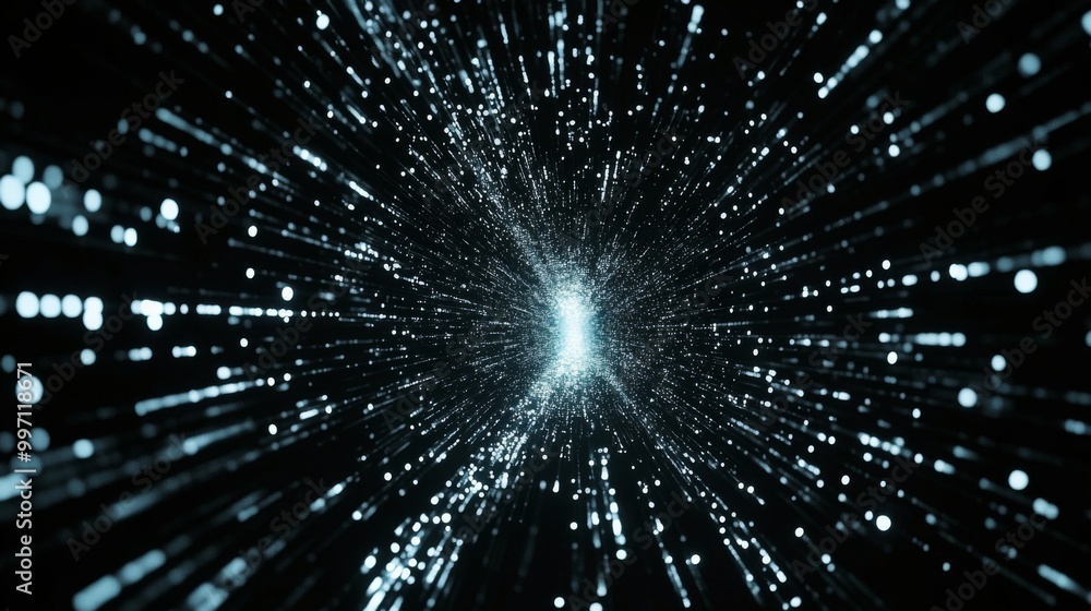 Fototapeta premium This captivating image features a mesmerizing array of dynamic light particles converging towards the center, forming a striking tunnel-like effect against a dark background.