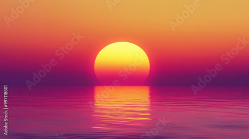 A tropical sunset with a smooth gradient from bright yellow to deep red, softly transitioning into twilight purples as the sun dips below the horizon.