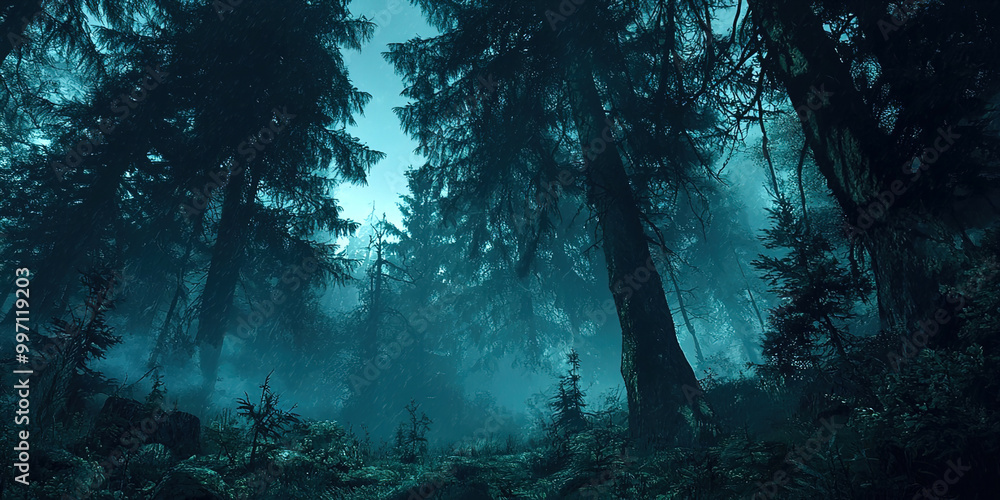 A forest at night with trees and a foggy atmosphere A forest at night with trees and a foggy atmosphere