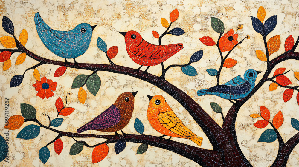 Obraz premium Brightly colored traditional Gond folk art from India of birds in a tree on a textured background.
