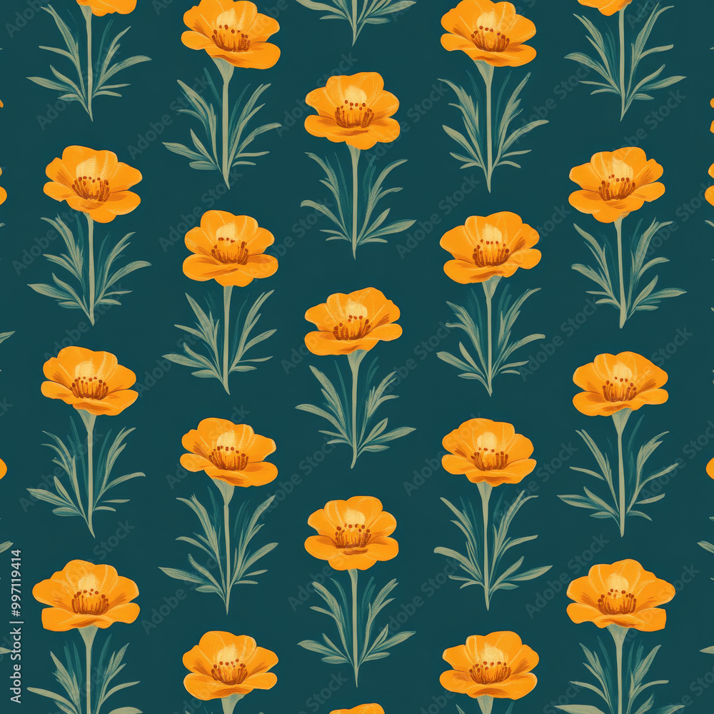 Small orange marigolds in flat design style, arranged in a repeating pattern on a deep teal background, creating a bold and bright floral look. Small orange marigolds in flat design style, arranged in a repeating pattern on a deep teal background, creating a bold and bright floral look.