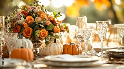 Fototapeta Naklejka Na Ścianę i Meble -  A charming wedding table is adorned with an array of decorative pumpkins and seasonal flowers, creating a festive atmosphere for a fall celebration