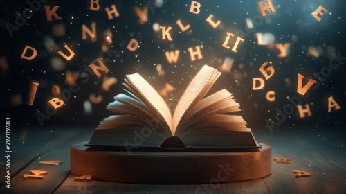 A podium with an open book on a wooden stand, surrounded by floating letters and glowing light, for an enchanting Book Lovers Day display. photo