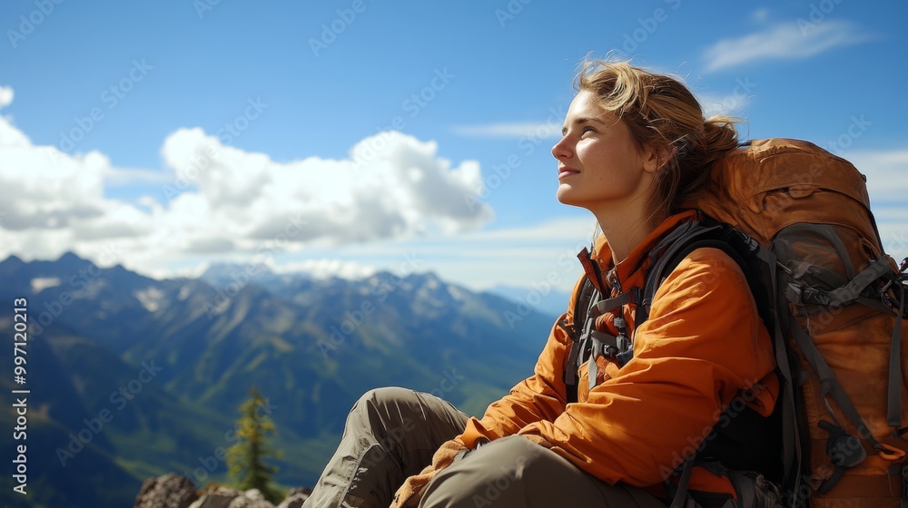 Naklejka premium A person wearing an orange jacket and large backpack sits on a rocky outcrop, gazing at the expansive mountain range under a blue sky with scattered clouds, embracing nature's beauty.