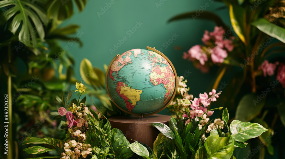 A podium with a globe centerpiece, surrounded by fresh green plants and flowers, highlighting nature for an Earth Day celebration. A podium with a globe centerpiece, surrounded by fresh green plants and flowers, highlighting nature for an Earth Day celebration.