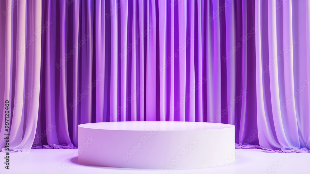 A podium in matte white with royal purple curtains, subtly illuminated for a high-end, elegant product presentation. A podium in matte white with royal purple curtains, subtly illuminated for a high-end, elegant product presentation.