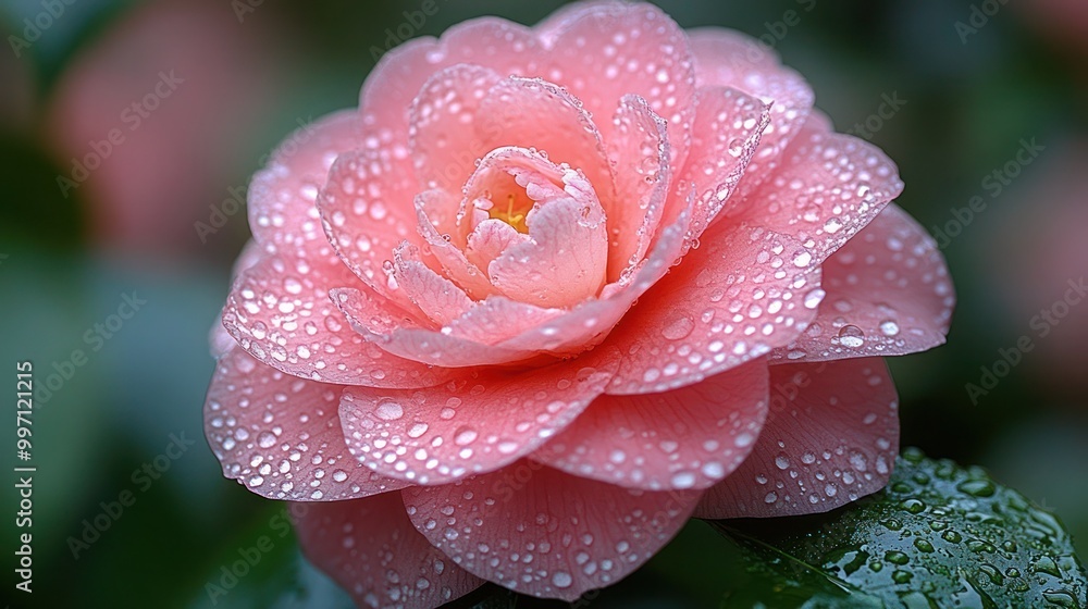 Closeup springtime of a pink camellia flower in full bloom with delicate raindrops on its petals. vibrant colors, and green foliage Closeup springtime of a pink camellia flower in full bloom with delicate raindrops on its petals. vibrant colors, and green foliage