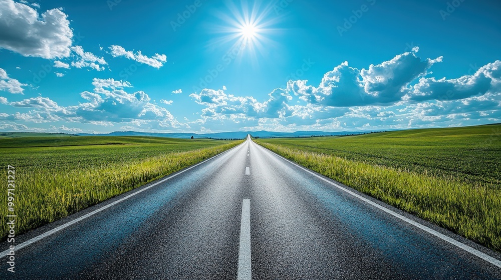 Fototapeta premium Wide open road leading into the horizon with clear blue sky and white clouds