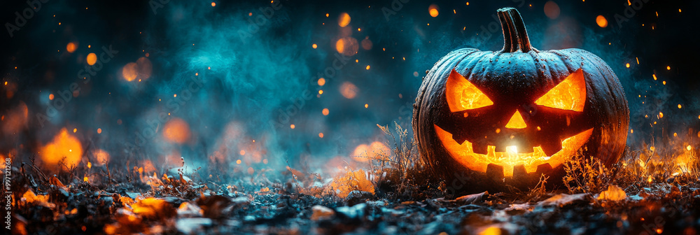 Spooky jack-o'-lantern glowing in the dark. Spooky jack-o'-lantern glowing in the dark.
