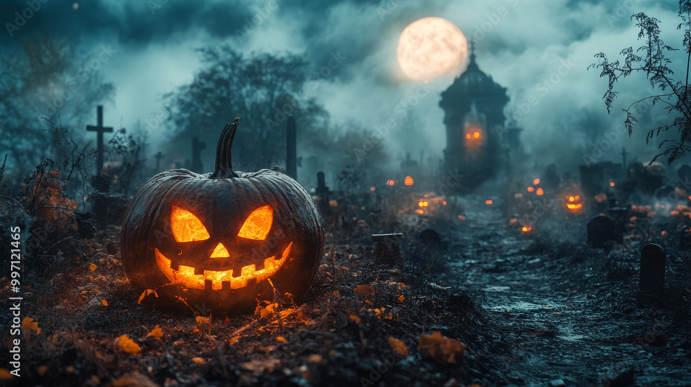 A carved pumpkin glows in a spooky graveyard. A carved pumpkin glows in a spooky graveyard.